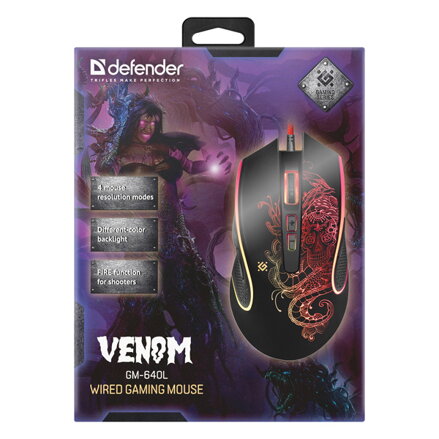 Defender Myš Venom GM-640L, 3200DPI, optická, 8tl., 1 kolečko, drátová USB, černá, herní, podsvícená