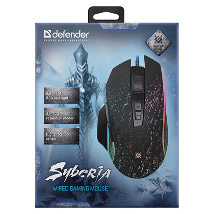 Defender Myš Syberia GM-680L, 3200DPI, optická, 7tl., 1 kolečko, drátová USB, černá, herní, RGB