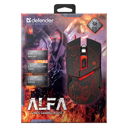Defender Myš Alfa GM-703L, 3200DPI, optická, 6tl., 1 kolečko, drátová USB, černá, herní, podsvícená