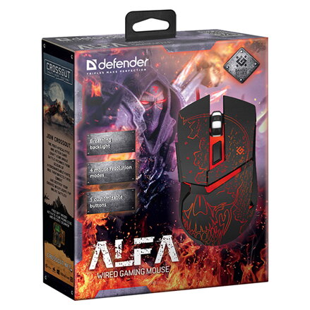Defender Myš Alfa GM-703L, 3200DPI, optická, 6tl., 1 kolečko, drátová USB, černá, herní, podsvícená