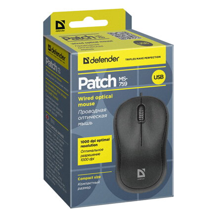 Defender Myš Patch MS-759, 1000DPI, optická, 3tl., 1 kolečko, drátová USB, černá, kancelářská, kompaktní