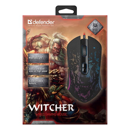 Defender Myš Witcher GM-990, 3200DPI, optická, 7tl., 1 kolečko, drátová USB, černá, herní, RGB