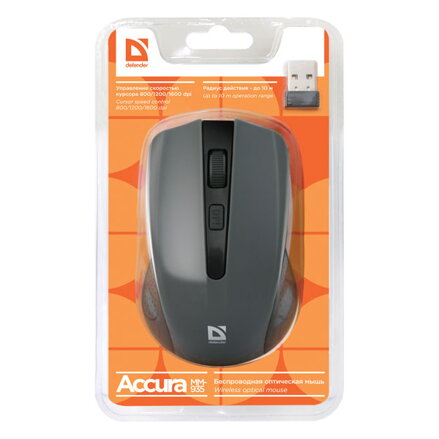 Defender Myš Accura MM-935, 1600DPI, 2.4 [GHz], optická, 4tl., 1 kolečko, bezdrátová, šedá, 2 ks AAA, nanopřijímač, rozsah 10m