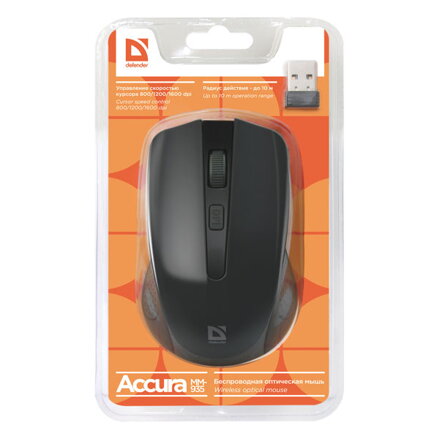 Defender Myš Accura MM-935, 1600DPI, 2.4 [GHz], optická, 4tl., 1 kolečko, bezdrátová, černá, 2 ks AAA, nanopřijímač, rozsah 10m