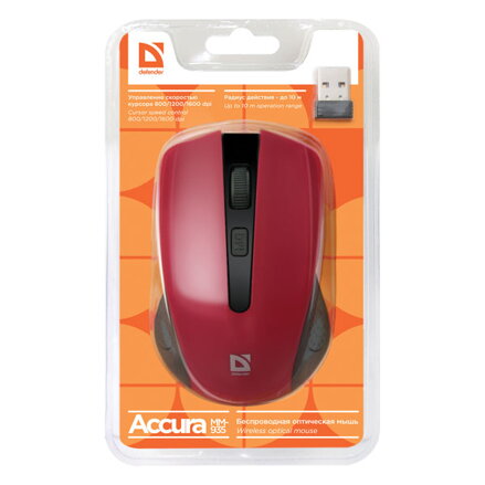 Defender Myš Accura MM-935, 1600DPI, 2.4 [GHz], optická, 4tl., 1 kolečko, bezdrátová, červená, 2 ks AAA, nanopřijímač, rozsah 10m