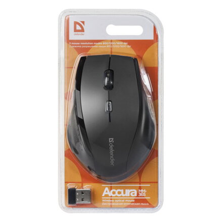 Defender Myš Accura MM-365, 1600DPI, 2.4 [GHz], optická, 6tl., 1 kolečko, bezdrátová, černá, 2 ks AAA, nanopřijímač