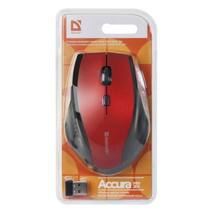 Defender Myš Accura MM-365, 1600DPI, 2.4 [GHz], optická, 6tl., 1 kolečko, bezdrátová, černo-červená, 2 ks AAA, nanopřijímač
