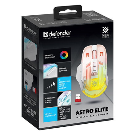 Myš bezdrátová, Defender ASTRO ELITE GM-056, transparentní, optická, 3200DPI