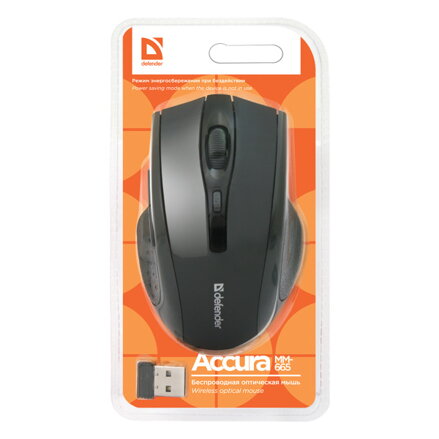 Defender Myš Accura MM-665, 1600DPI, 2.4 [GHz], optická, 6tl., 1 kolečko, bezdrátová, černá, 2 ks AAA, nanopřijímač, rozsah 10m