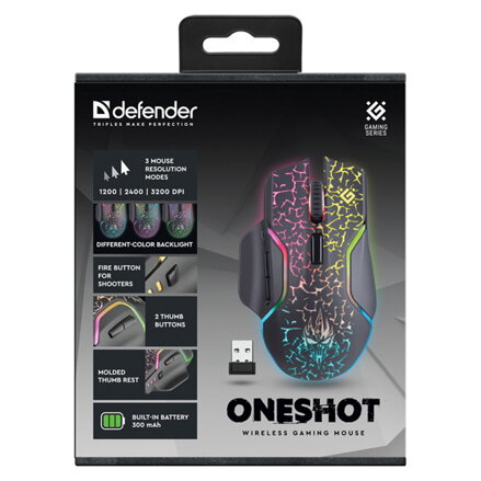 Defender Myš Oneshot GM-067 LED, 3200DPI, 2.4 [GHz], optická, 6tl., bezdrátová, černá, vestavěná baterie