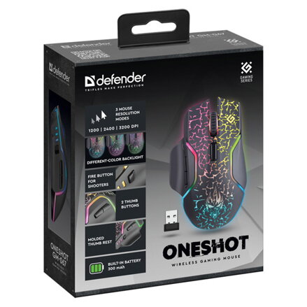 Defender Myš Oneshot GM-067 LED, 3200DPI, 2.4 [GHz], optická, 6tl., bezdrátová, černá, vestavěná baterie
