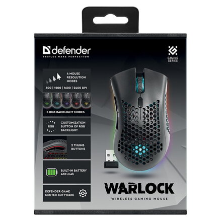 Defender Myš Warlock GM-709L, 2400DPI, 2.4 [GHz], optická, 7tl., bezdrátová, černá, 1 ks AA