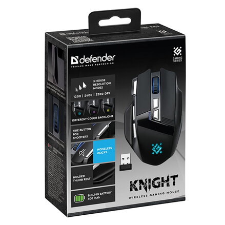 Myš bezdrátová, Defender KNIGHT GM-885, černá, optická, 3200DPI