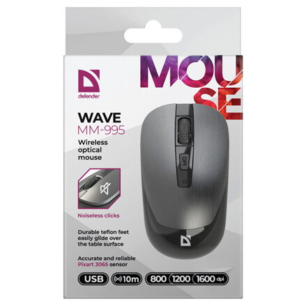 Defender Myš WAVE MM-995, 1600DPI, 2.4 [GHz], optická, 3tl., bezdrátová, stříbrná, 1 ks AA, nanopřijímač, tichá