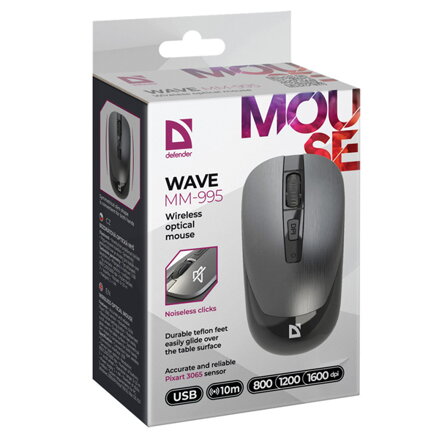 Defender Myš WAVE MM-995, 1600DPI, 2.4 [GHz], optická, 3tl., bezdrátová, stříbrná, 1 ks AA, nanopřijímač, tichá