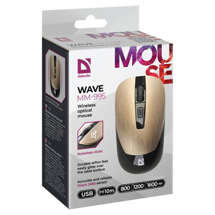 Defender Myš WAVE MM-995, 1600DPI, 2.4 [GHz], optická, 3tl., bezdrátová, zlatá, 1 ks AA, nanopřijímač, tichá