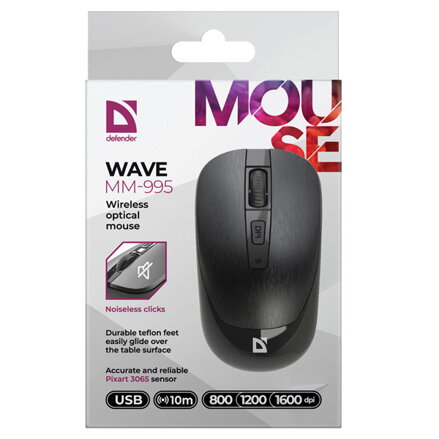 Defender Myš WAVE MM-995, 1600DPI, 2.4 [GHz], optická, 3tl., bezdrátová, černá, 1 ks AA, nanopřijímač, tichá