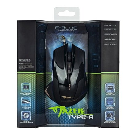 E-Blue Myš Mazer R, 2400DPI, optická, 6tl., 1 kolečko, drátová USB, černá, herní