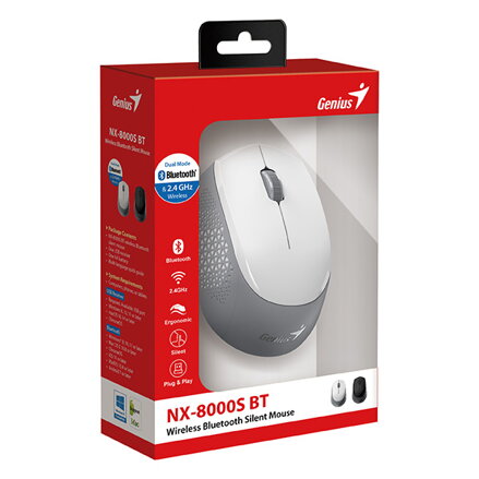 Genius Myš NX-8000S BT, 1200DPI, Bluetooth a 2,4GHz, optická, 3tl., bezdrátová, bílo-šedá, Blue-Eye senzor, symetrická