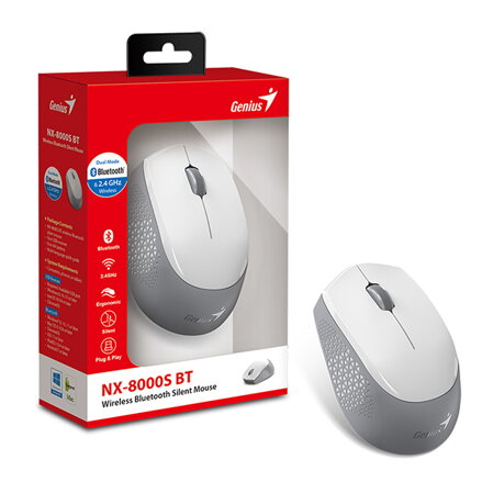 Genius Myš NX-8000S BT, 1200DPI, Bluetooth a 2,4GHz, optická, 3tl., bezdrátová, bílo-šedá, Blue-Eye senzor, symetrická