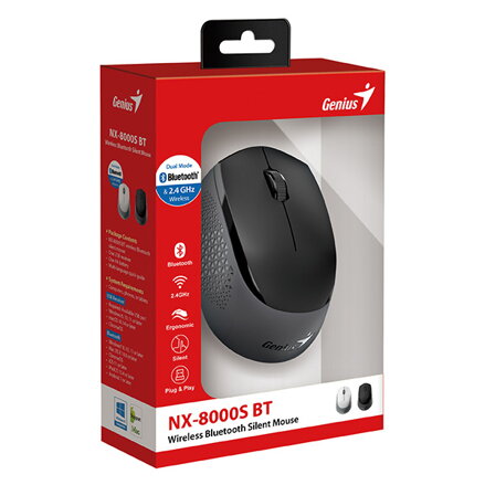 Genius Myš NX-8000S BT, 1200DPI, Bluetooth a 2,4GHz, optická, 3tl., bezdrátová, černá-šedá, Blue-Eye senzor, symetrická