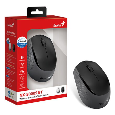 Genius Myš NX-8000S BT, 1200DPI, Bluetooth a 2,4GHz, optická, 3tl., bezdrátová, černá-šedá, Blue-Eye senzor, symetrická