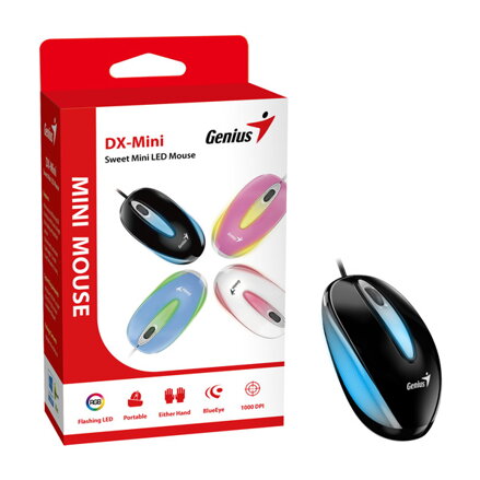 Genius Myš DX-Mini, 1000DPI, optická, 3tl., drátová USB, černá, klasická, RGB podsvícení