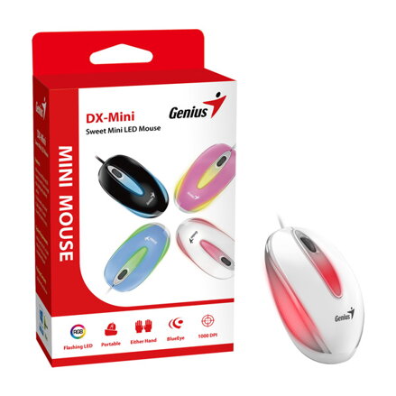 Genius Myš DX-Mini, 1000DPI, optická, 3tl., drátová USB, bílá, klasická, RGB podsvícení