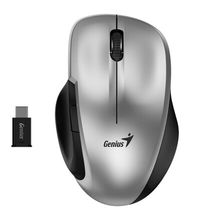 Genius Myš Ergo 8200S, 1200DPI, 2.4 [GHz], optická, 5tl., bezdrátová, stříbrná, 1 ks AA, BlueEye senzor, USB-C adaptér