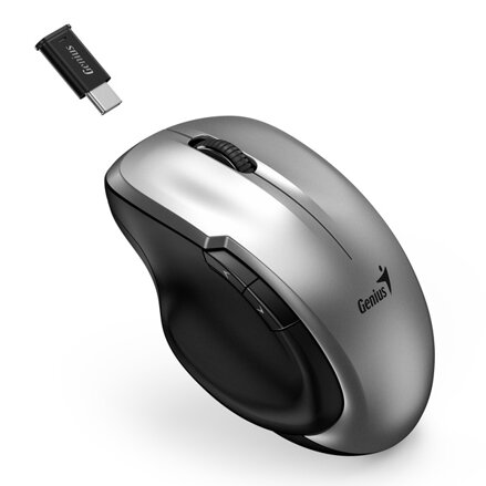 Genius Myš Ergo 8200S, 1200DPI, 2.4 [GHz], optická, 5tl., bezdrátová, stříbrná, 1 ks AA, BlueEye senzor, USB-C adaptér