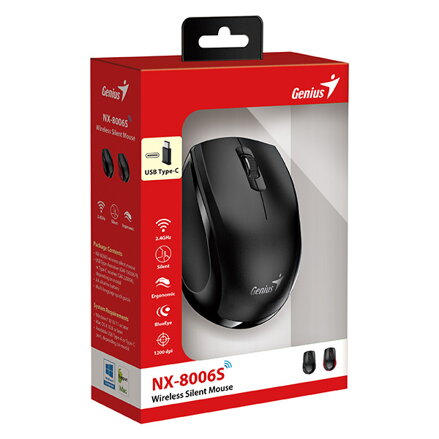 Genius Myš NX-8006S Type-C, 1200DPI, 2.4 [GHz], optická, 3tl., bezdrátová USB, černá, USB-C adaptér