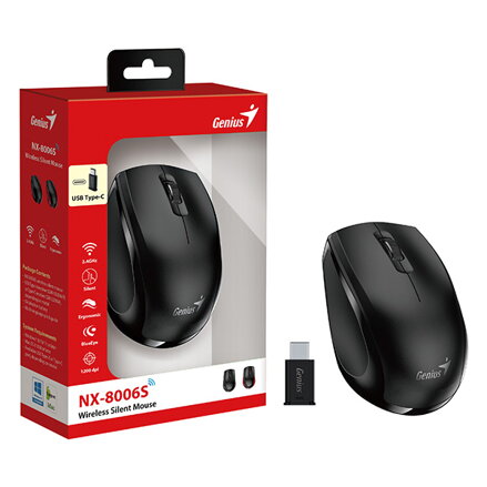 Genius Myš NX-8006S Type-C, 1200DPI, 2.4 [GHz], optická, 3tl., bezdrátová USB, černá, USB-C adaptér