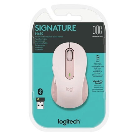 Myš bezdrátová, Logitech M650, růžová, optická, 2000DPI