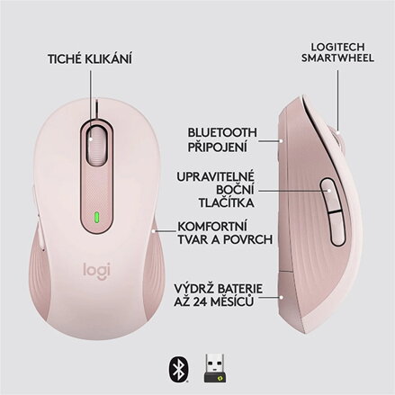 Myš bezdrátová, Logitech M650, růžová, optická, 2000DPI