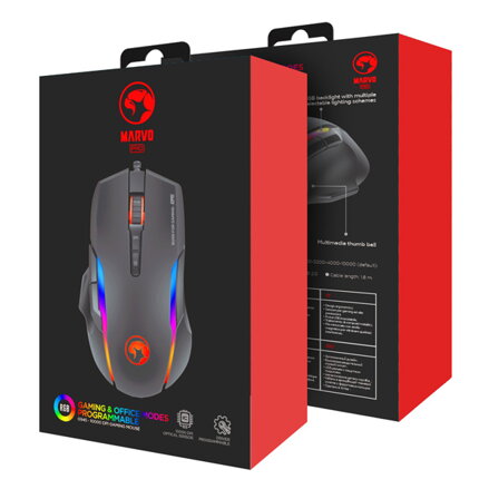 Marvo Myš G945, 10000DPI, optika, 9tl., 1 kolečko, drátová USB, černá, herní, RGB podsvícení