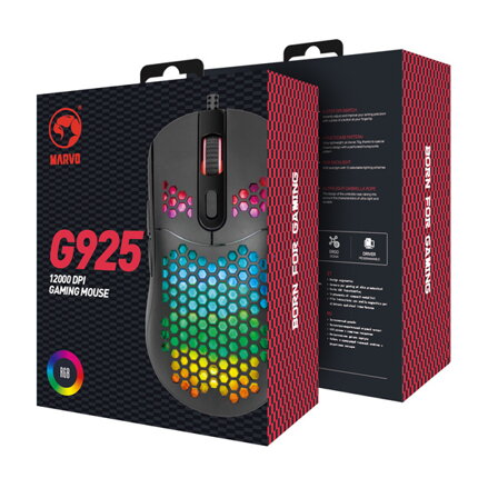 Marvo Myš G925, 12000DPI, optika, 7tl., drátová USB, černá, herní, podsvícená