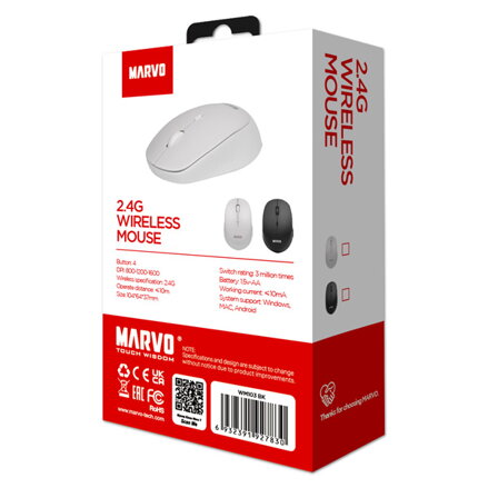 Marvo Myš WM103WH, 1600DPI, 2.4 [GHz], optika, 4tl., bezdrátová, bílá, 1 ks AA, kancelářská, tichá