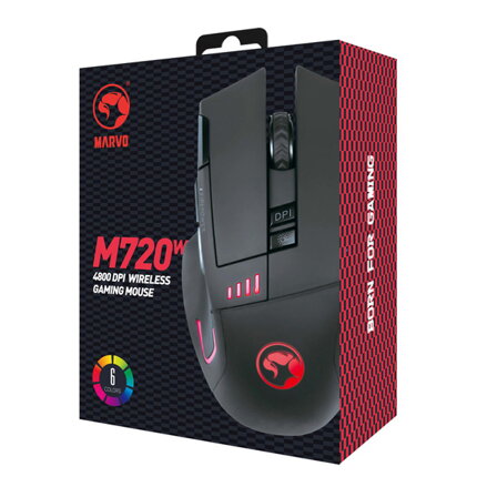 Marvo Myš M720W, 4800DPI, 2.4 [GHz], optika, 8tl., 1 kolečko, bezdrátová, černá, 1 ks AA, Nano přijímač, podsvícená