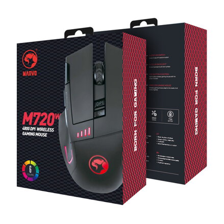 Marvo Myš M720W, 4800DPI, 2.4 [GHz], optika, 8tl., 1 kolečko, bezdrátová, černá, 1 ks AA, Nano přijímač, podsvícená