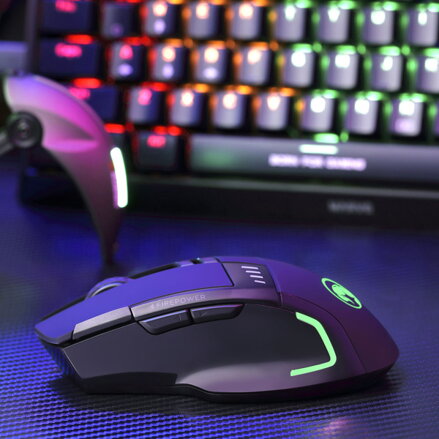 Marvo Myš M720W, 4800DPI, 2.4 [GHz], optika, 8tl., 1 kolečko, bezdrátová, černá, 1 ks AA, Nano přijímač, podsvícená