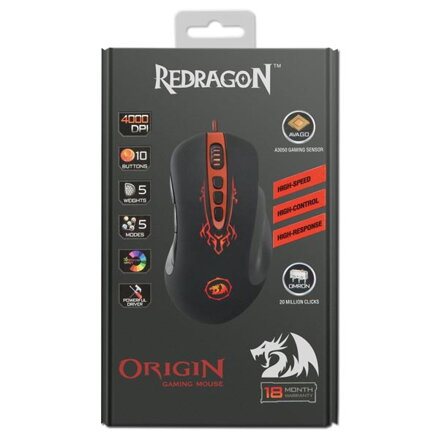 Redragon Myš Origin, 4000DPI, optická, 10tl., 1 kolečko, drátová USB, černo-červená, herní Redragon Myš Origin, 4000DPI, optická, 10tl., 1 kolečko, drátová USB, černo-červená, herní