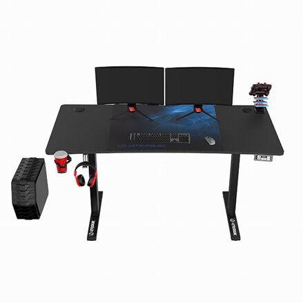 ULTRADESK Herní stůl LEVEL V2 BLUE, 140x68cm, 72-117cm, elektricky nastavitelná výška, s XXL podložkou pod myš, držák sluchátek i