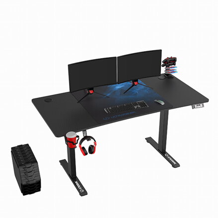 ULTRADESK Herní stůl LEVEL V2 BLUE, 140x68cm, 72-117cm, elektricky nastavitelná výška, s XXL podložkou pod myš, držák sluchátek i