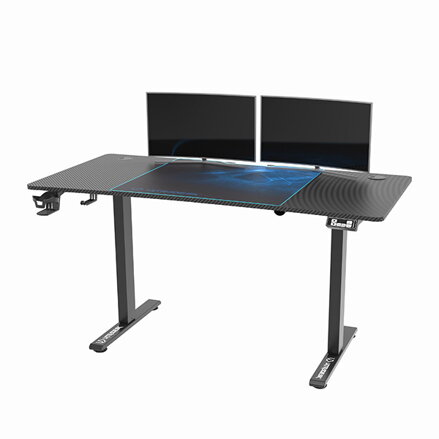 ULTRADESK Herní stůl LEVEL V2 BLUE, 140x68cm, 72-117cm, elektricky nastavitelná výška, s XXL podložkou pod myš, držák sluchátek i