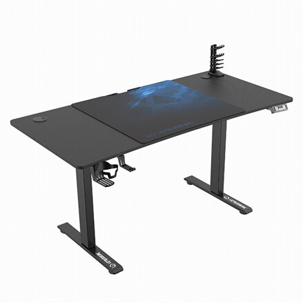 ULTRADESK Herní stůl LEVEL V2 BLUE, 140x68cm, 72-117cm, elektricky nastavitelná výška, s XXL podložkou pod myš, držák sluchátek i
