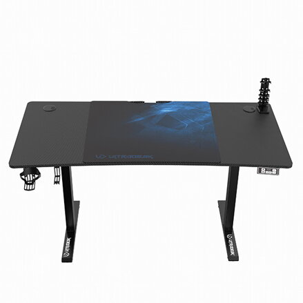 ULTRADESK Herní stůl LEVEL V2 BLUE, 140x68cm, 72-117cm, elektricky nastavitelná výška, s XXL podložkou pod myš, držák sluchátek i