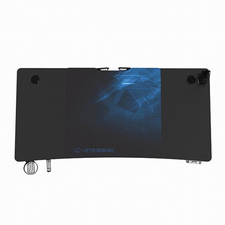 ULTRADESK Herní stůl LEVEL V2 BLUE, 140x68cm, 72-117cm, elektricky nastavitelná výška, s XXL podložkou pod myš, držák sluchátek i