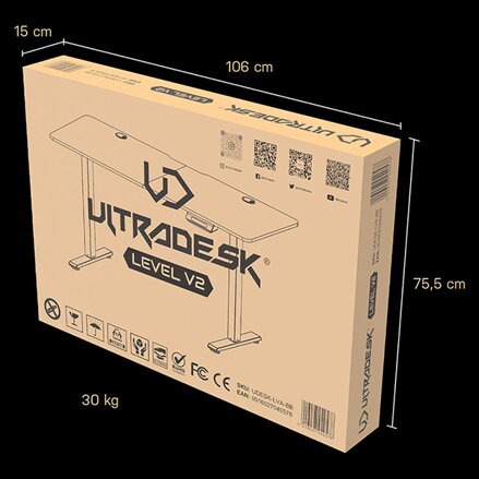ULTRADESK Herní stůl LEVEL V2 BLUE, 140x68cm, 72-117cm, elektricky nastavitelná výška, s XXL podložkou pod myš, držák sluchátek i