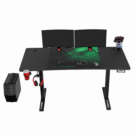 ULTRADESK Herní stůl LEVEL V2 GREEN, 140x68cm, 72-117cm, elektricky nastavitelná výška, s XXL podložkou pod myš, držák sluchátek i