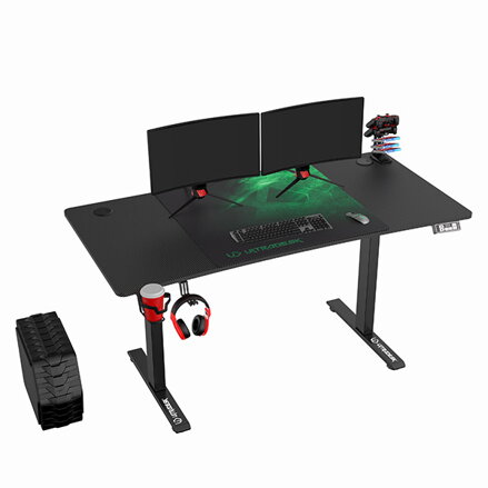 ULTRADESK Herní stůl LEVEL V2 GREEN, 140x68cm, 72-117cm, elektricky nastavitelná výška, s XXL podložkou pod myš, držák sluchátek i